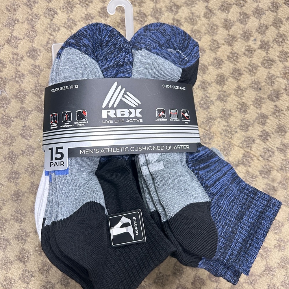 NWT RBX men's athletic cushioned quarter socks 15 pairs